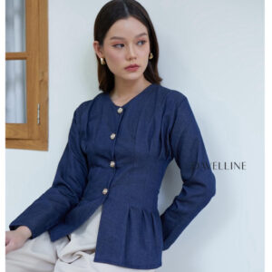 Davelline | Bluvy Blouse | Blouse Wanita Lengan Panjang | Blouse Tali Pinggang Belakang | Bahan Soft Denim Premium